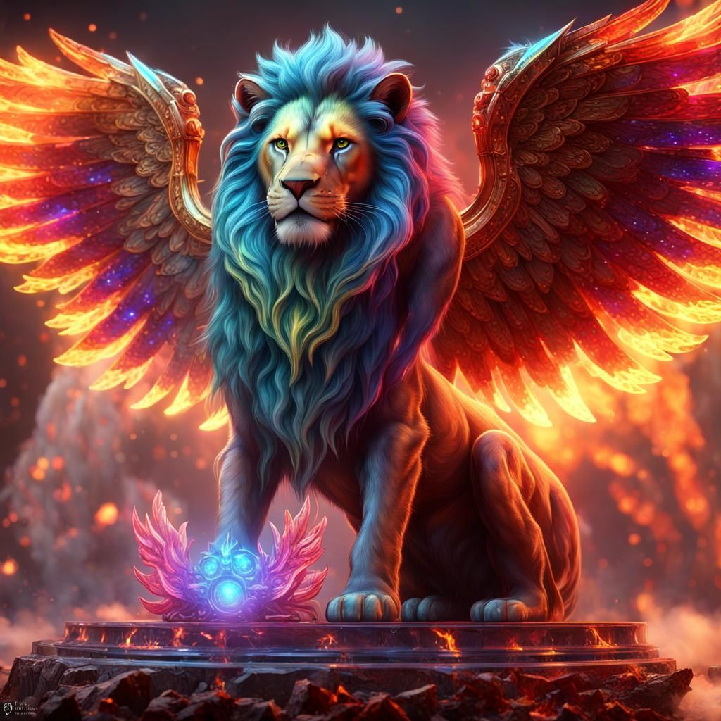 Rainbow Lion with Wings on Crystal Platform