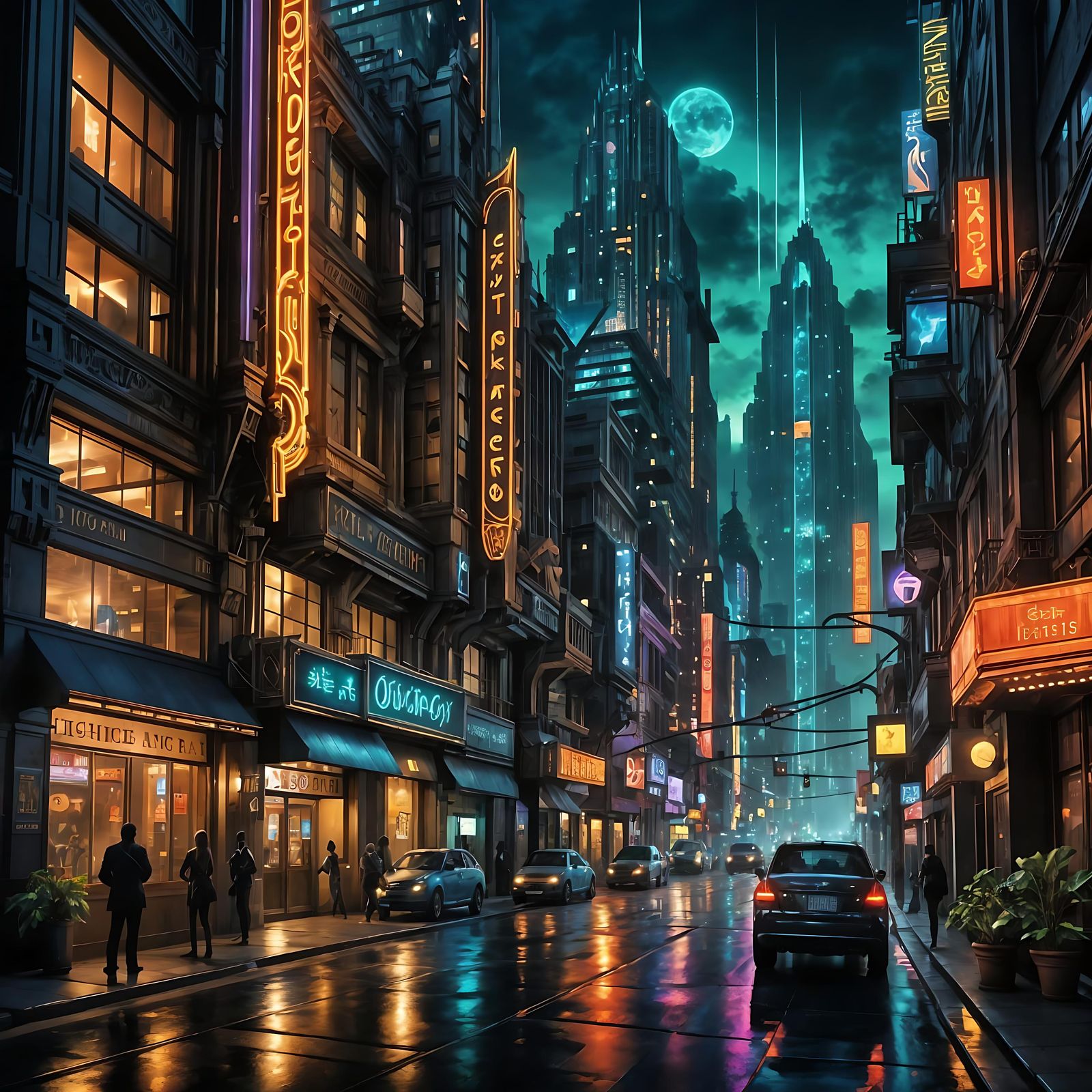 Dystopian City Street in Gothic Art Deco Style
