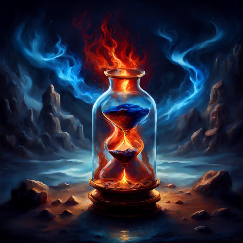 Mystical Hourglass with Blue Flames as Impasto Painting