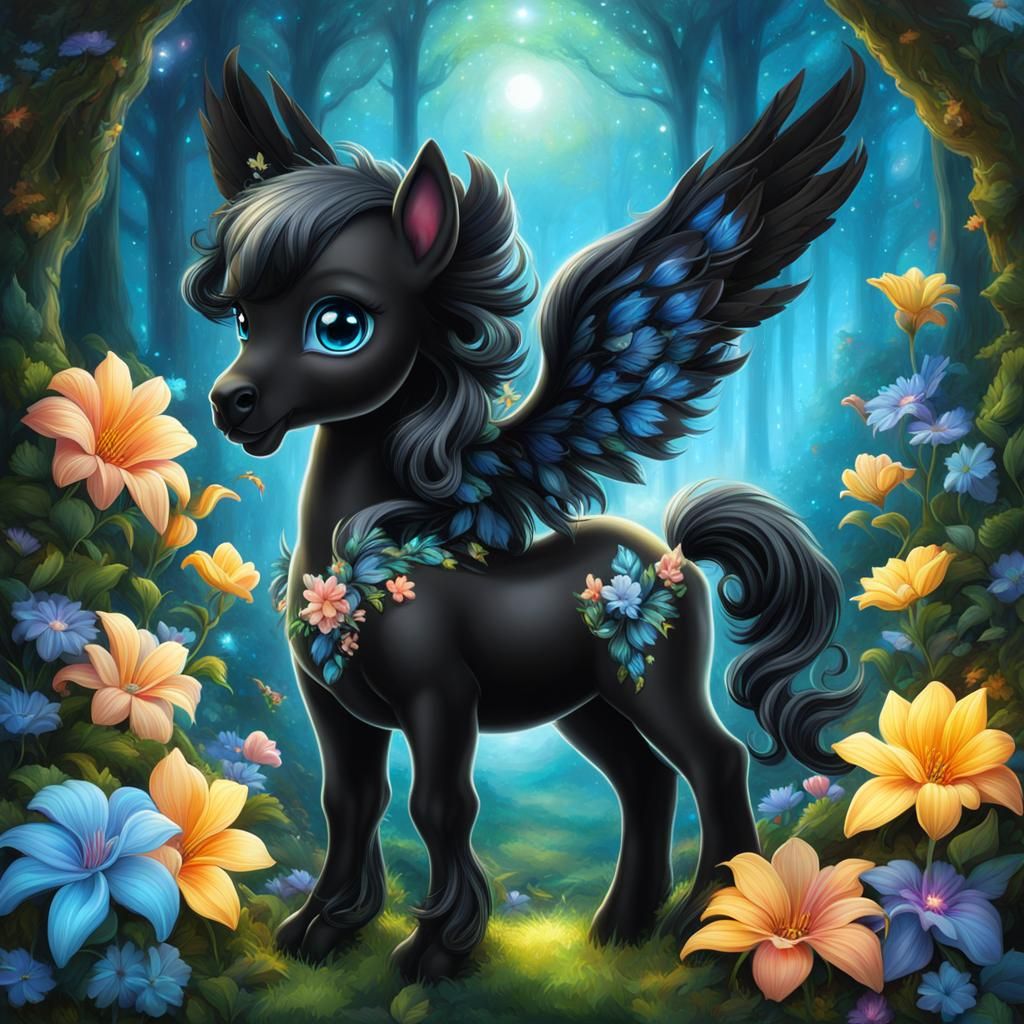 Chibi Black Pegasus in Mystical Forest, Art Nouveau