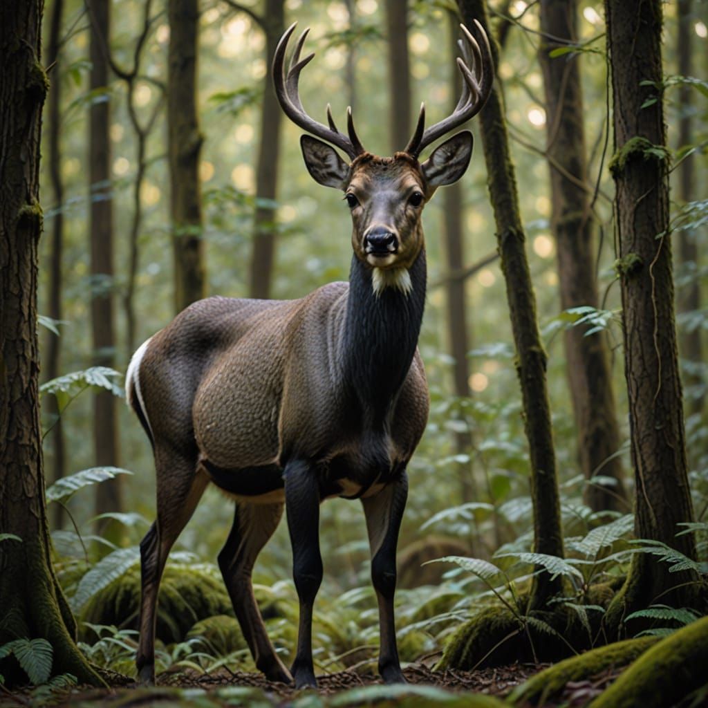 A male musk deer in a forest