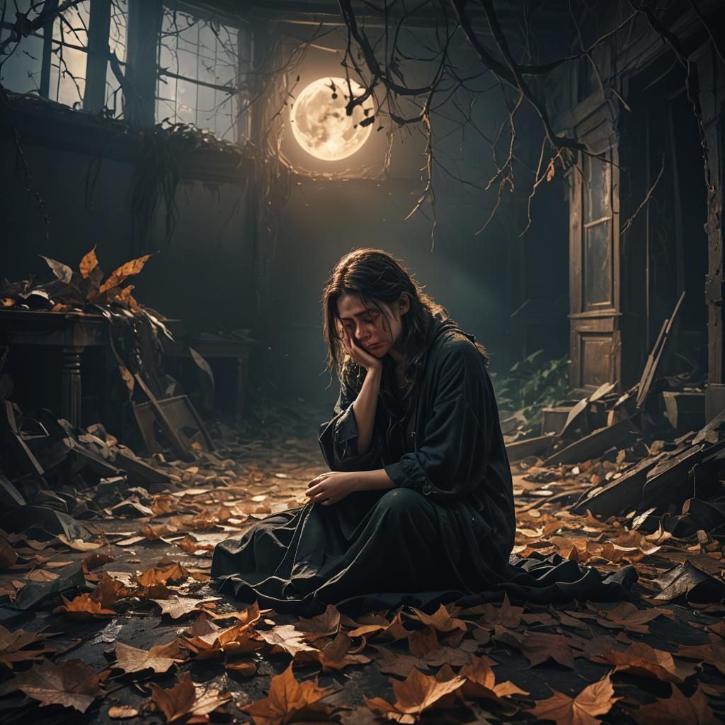 Eerie Moonlight Illuminates Weeping Woman in Dark Fantasy Ar...