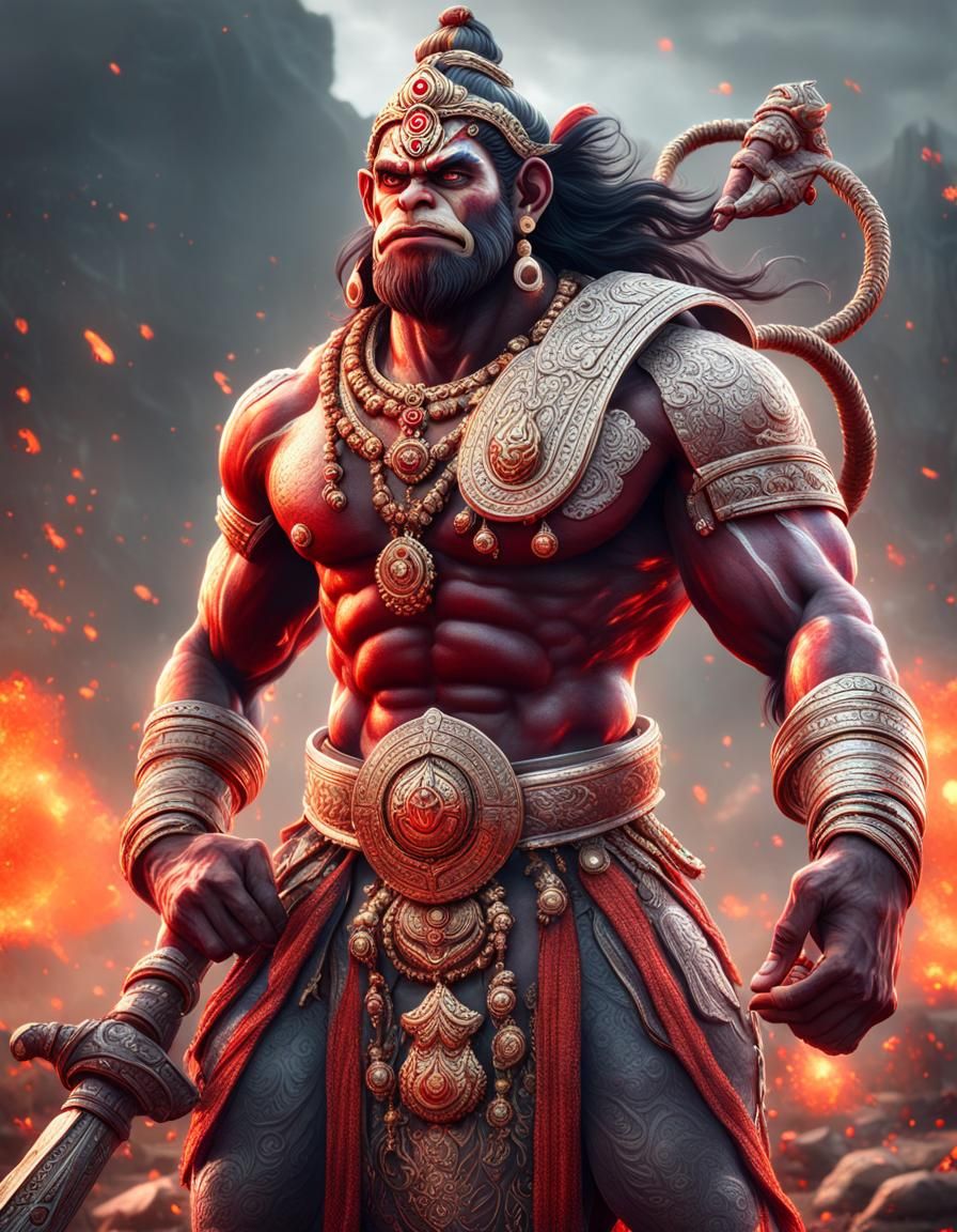 Lord Hanuman in War, Hyper-Detailed Cinematic Art