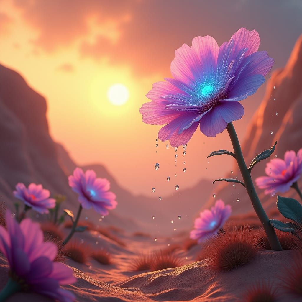 Dreamlike Desert Landscape with Iridescent Flowers