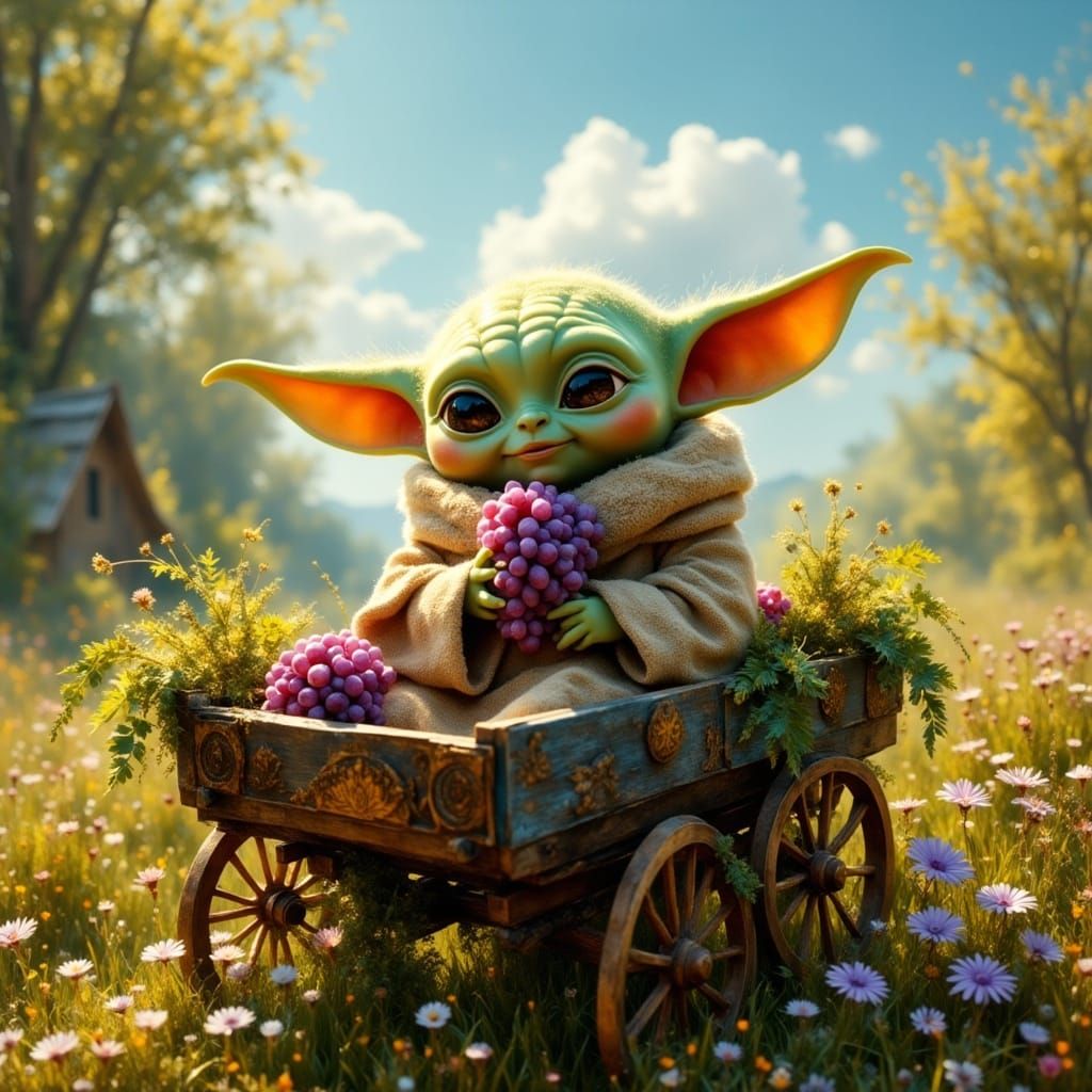 Ethereal Baby Yoda in Idyllic Landscape, Matte Painting