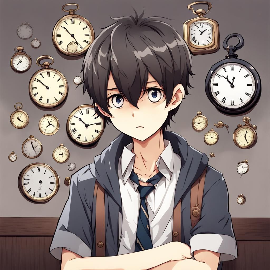 Confused Boy Holding Clock in Anime Style