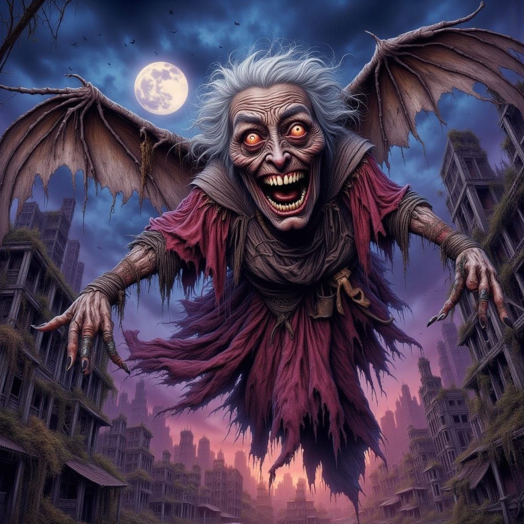 Dark Fantasy Hag Fairy in Urban Wasteland