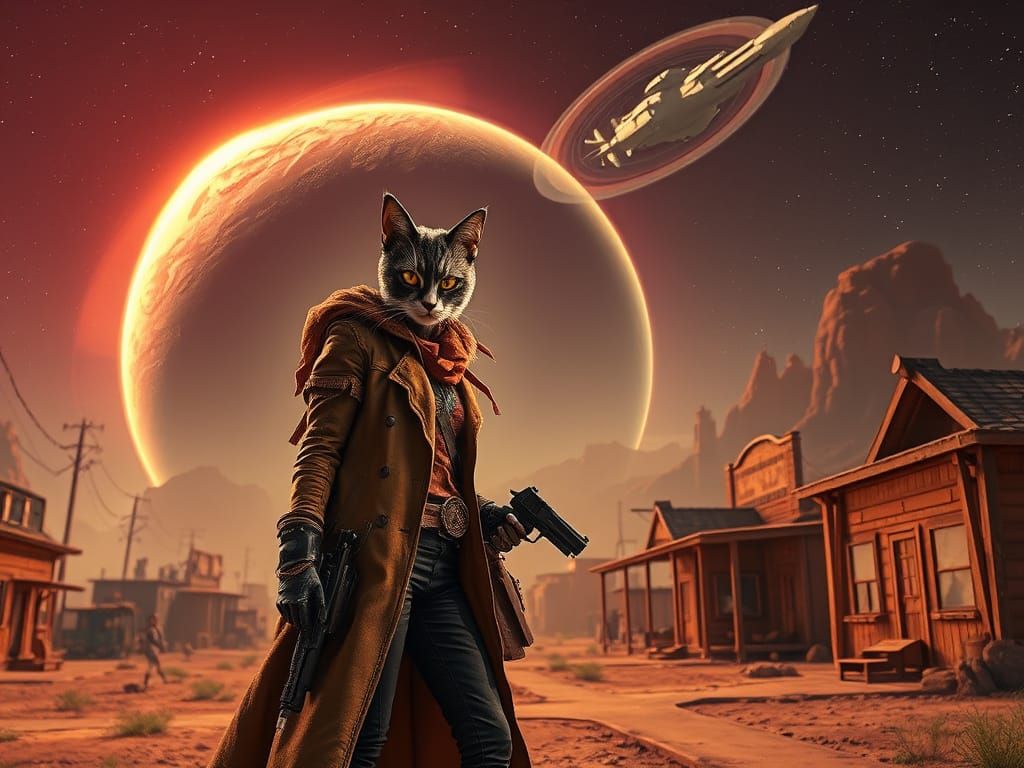 Cyberpunk Gunslinger in a Futuristic Western Town