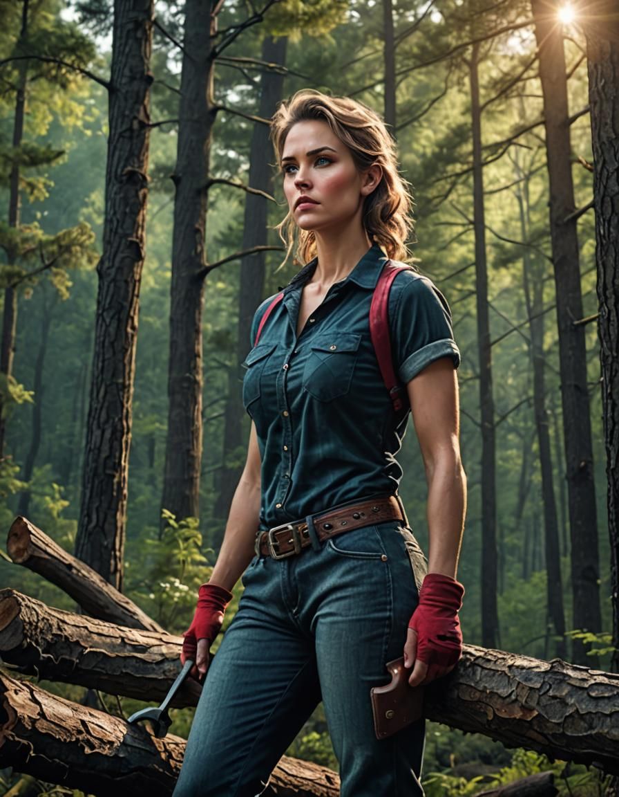 Female Lumberjack Admiring Forest View, High Detail