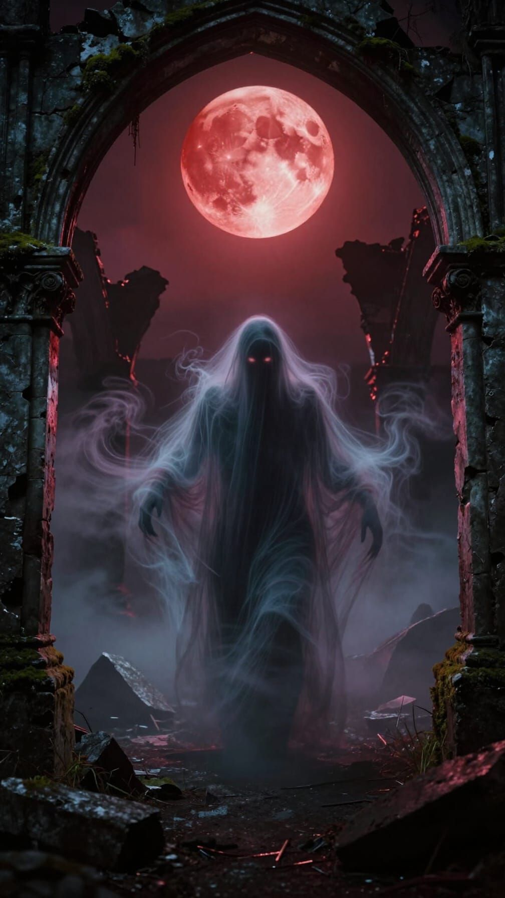 Eerie Poltergeist in Ruins Under Blood Moon