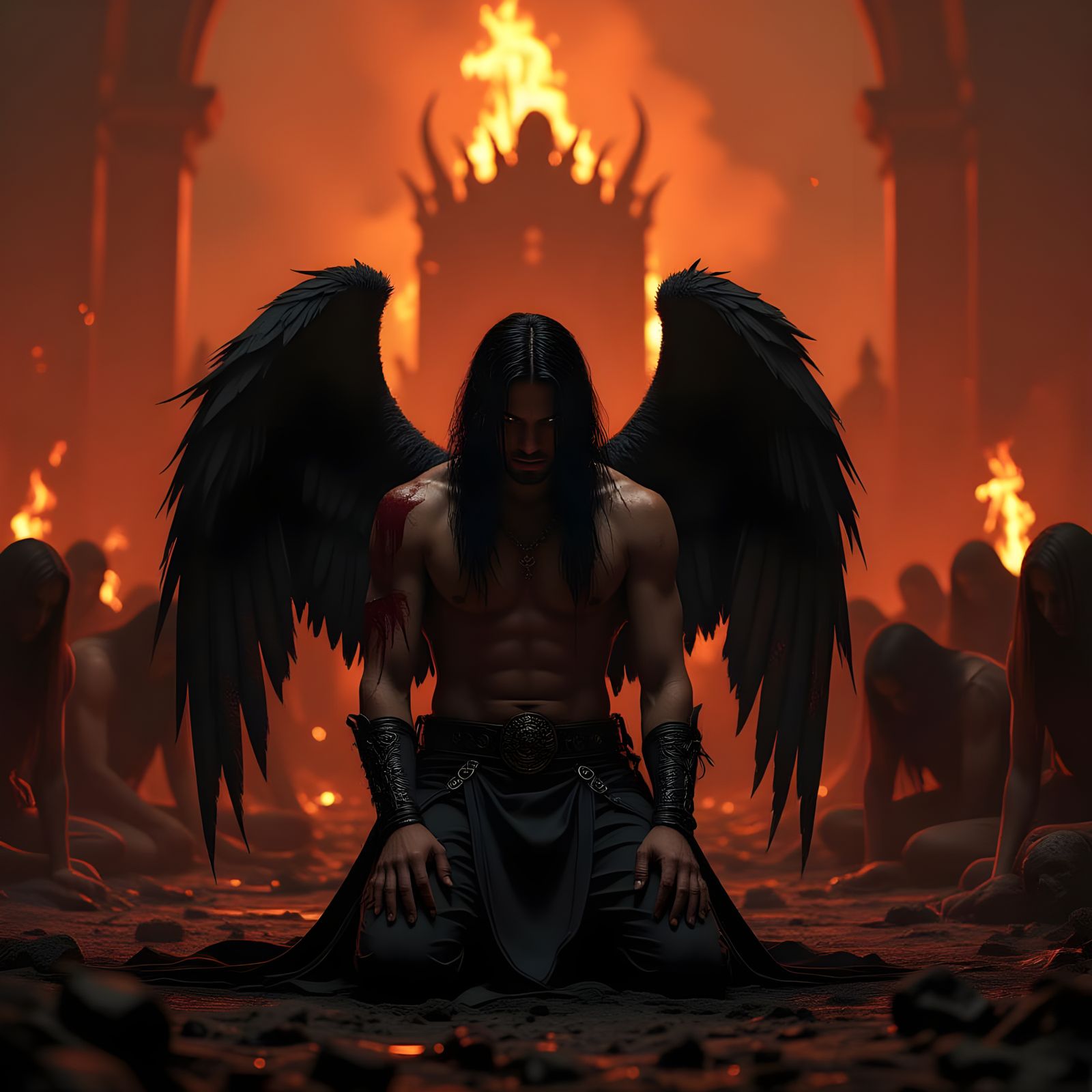 Infernal Abyss: Fallen Angel in a Burning Landscape
