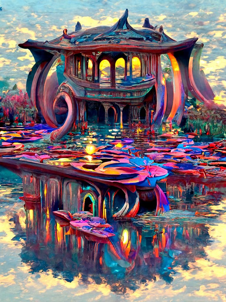 Ancient Lake Temple with Sci-Fi Swirls
