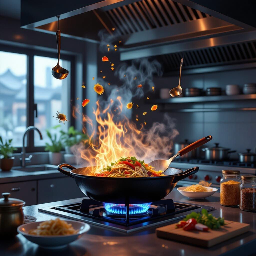 Magical Wok Stir-Fries Dishes in Surreal Hotel Kitchen