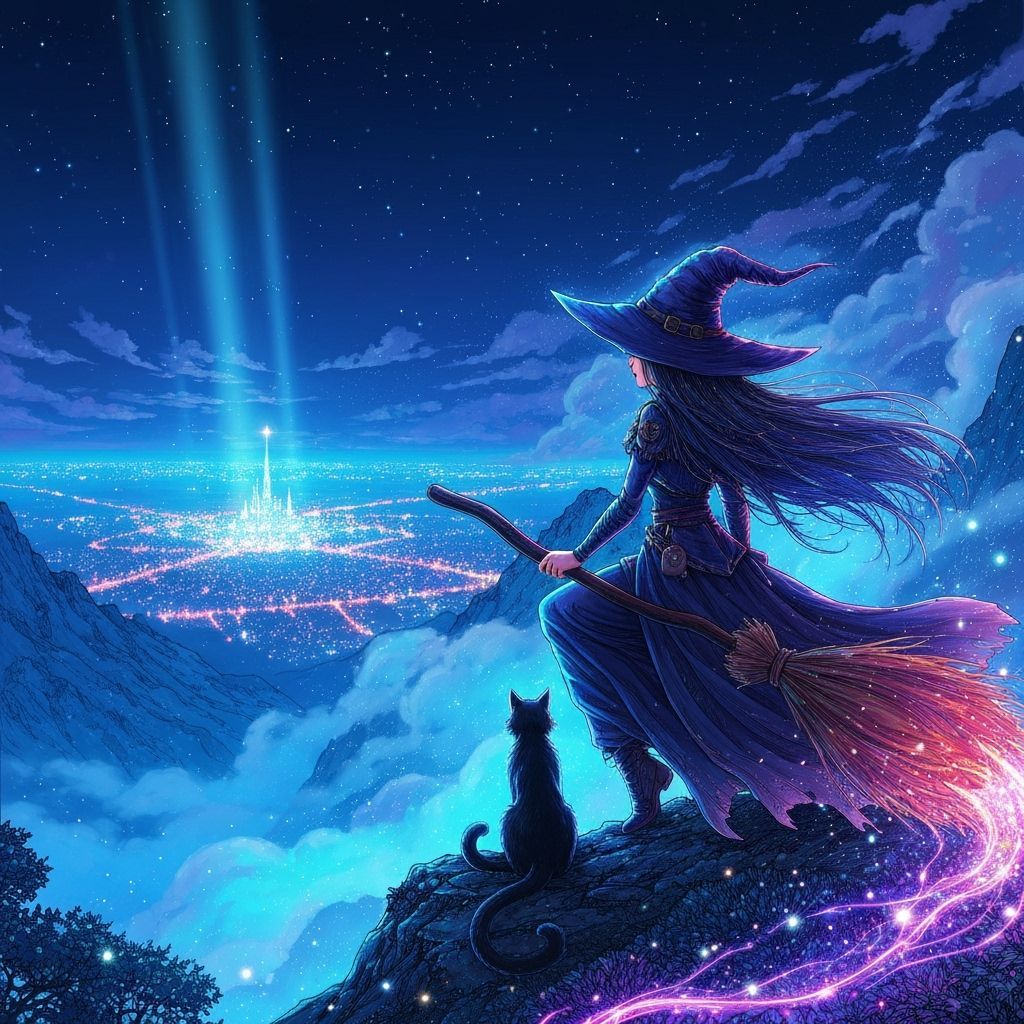 Mystical Witch Gazes at Enchanted City in Fantasy Painting