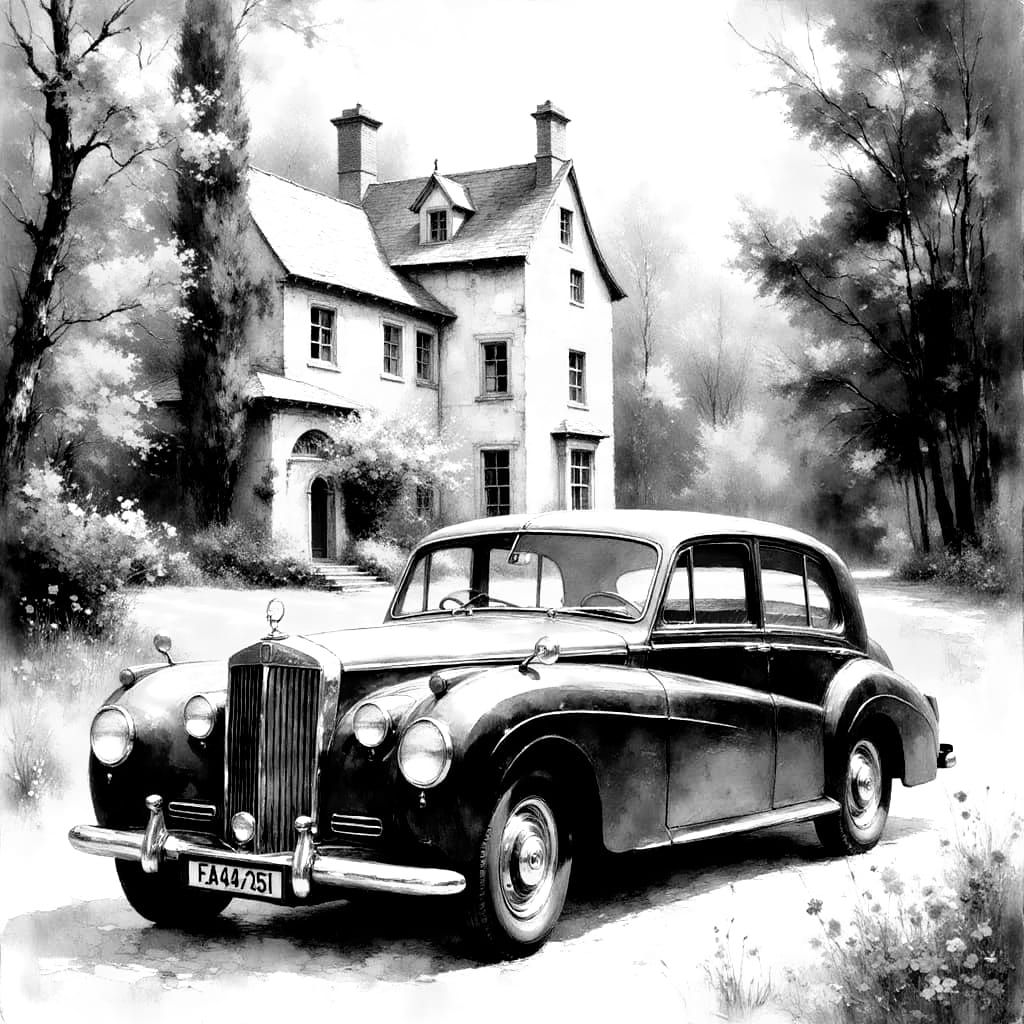 Vintage Car at Manor House in Gouache Impasto Style