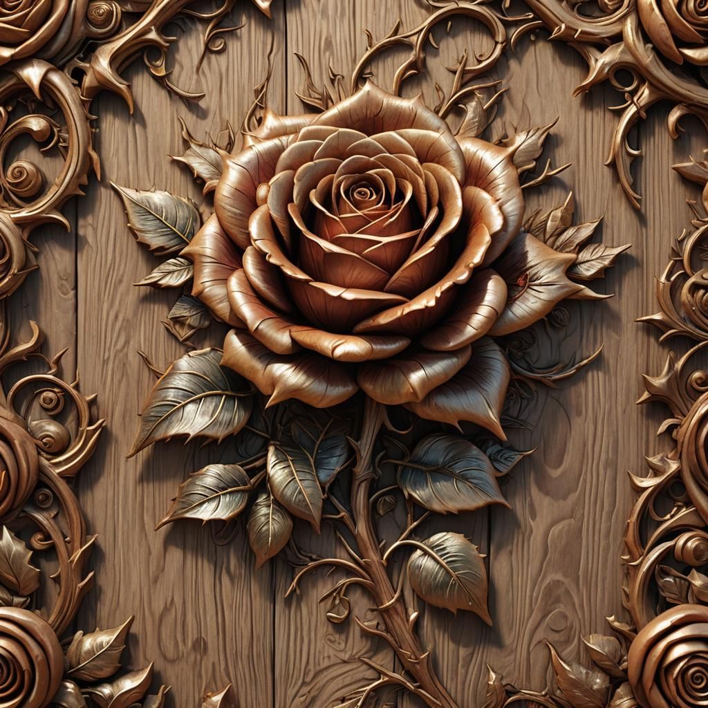 Intricate Wood Carving of Rose: Art Nouveau Style