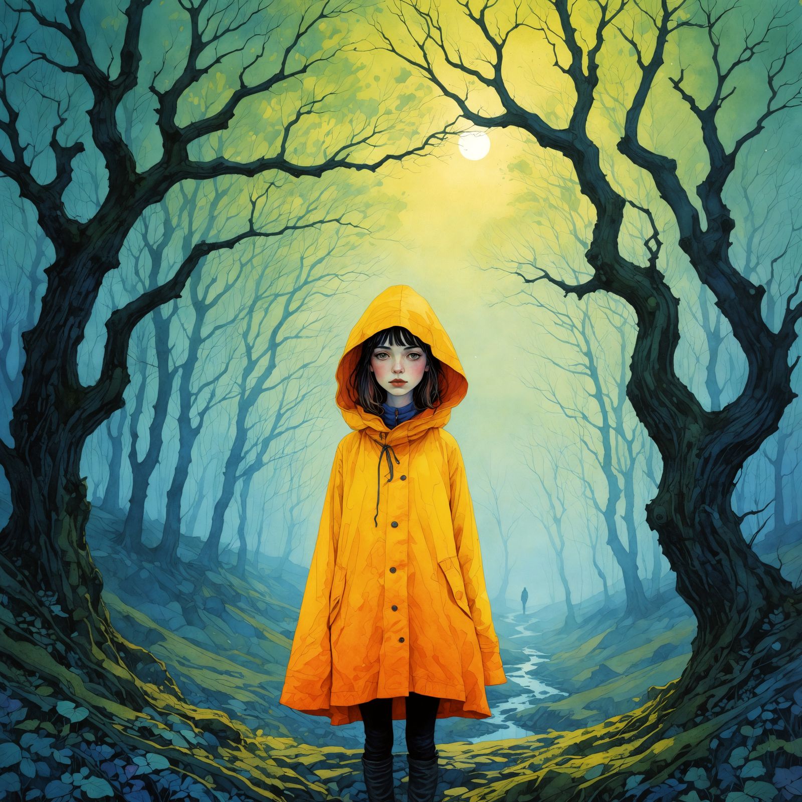 Hopeful Figure in Mysterious Landscape, Mixed Media