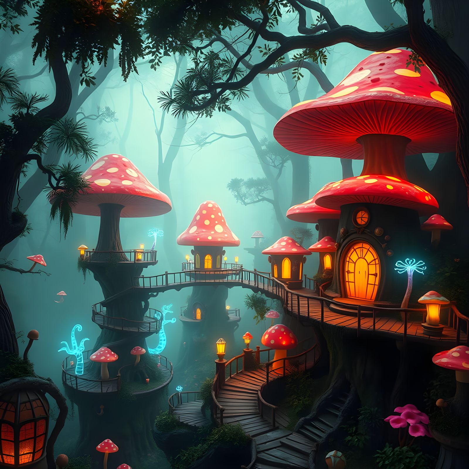 Whimsical Toadstool Village in a Fantastical Forest