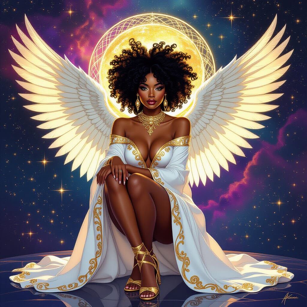 Cosmic Goddess Holds Universe, Regal Black Woman with Afro