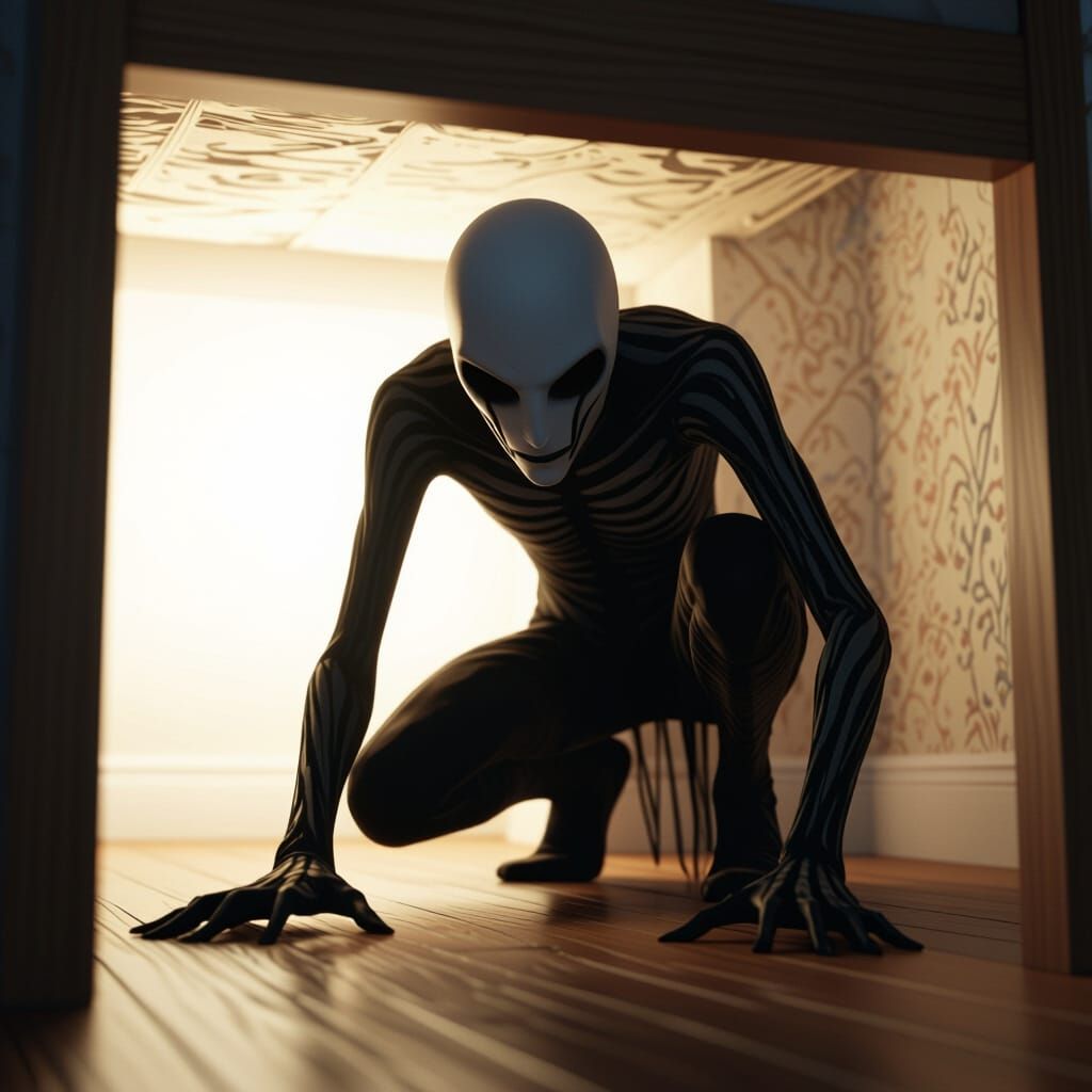 Slenderman Lurking Under Child's Bed in Matte Painting Style