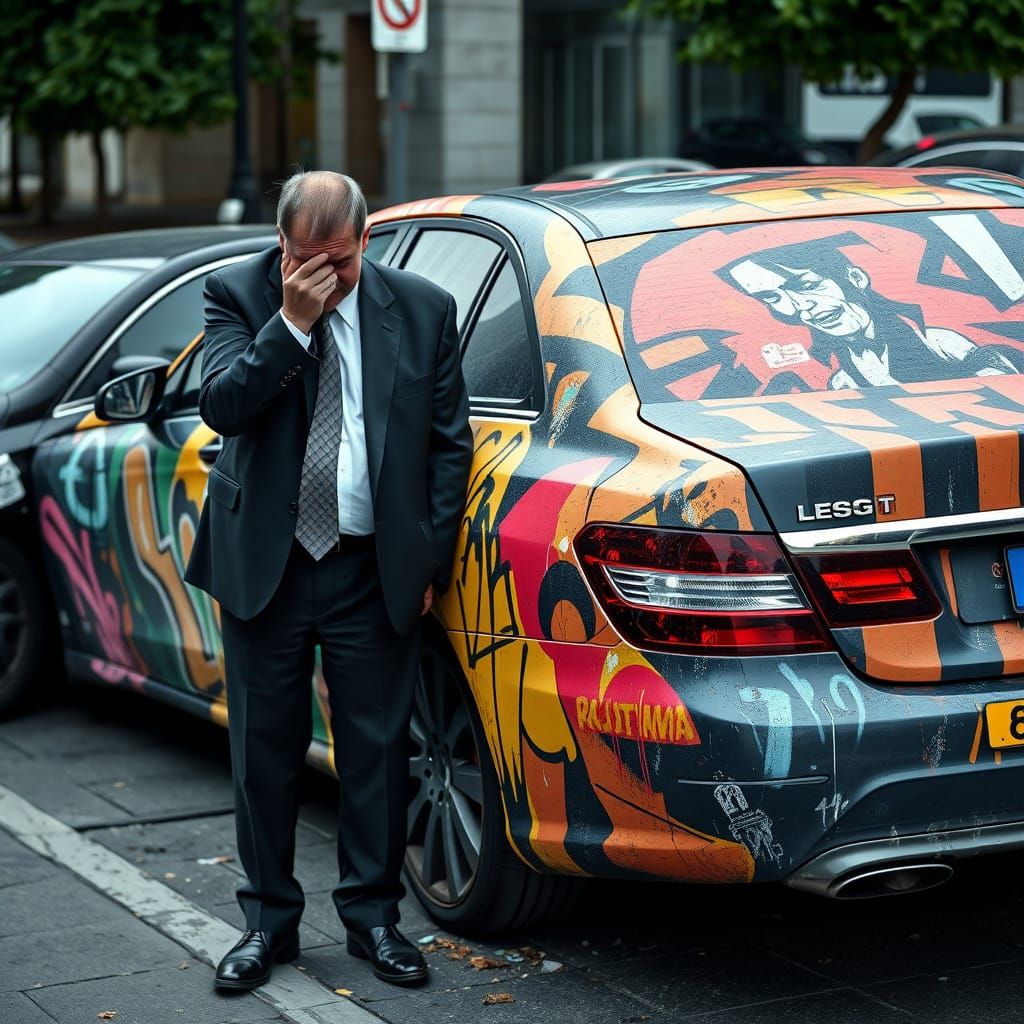 Disheveled Businessman Beside Graffiti-Tagged Luxury Car