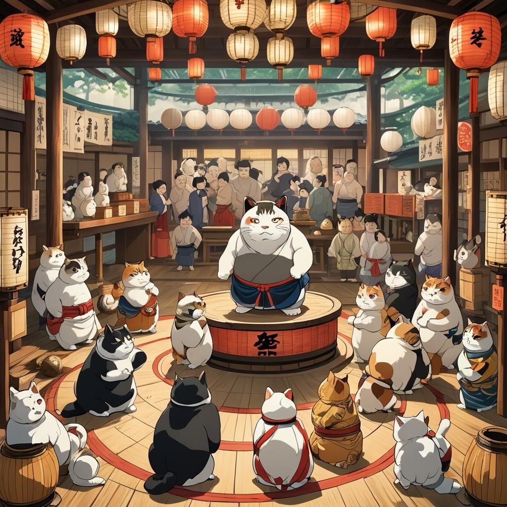 Sumo Cats in Anime Style Dohyo Ring