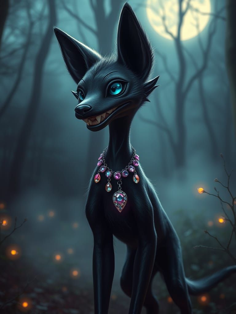Moonlit Whimsy: Elven Canine in Mysterious Forest Glade