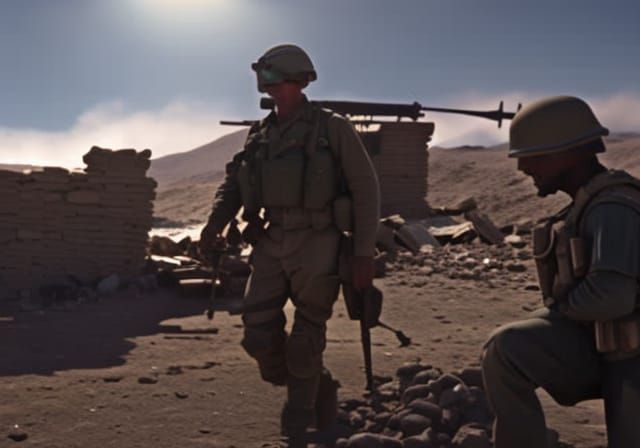 Infantryman Assists Wounded Gunner in Desert Village
