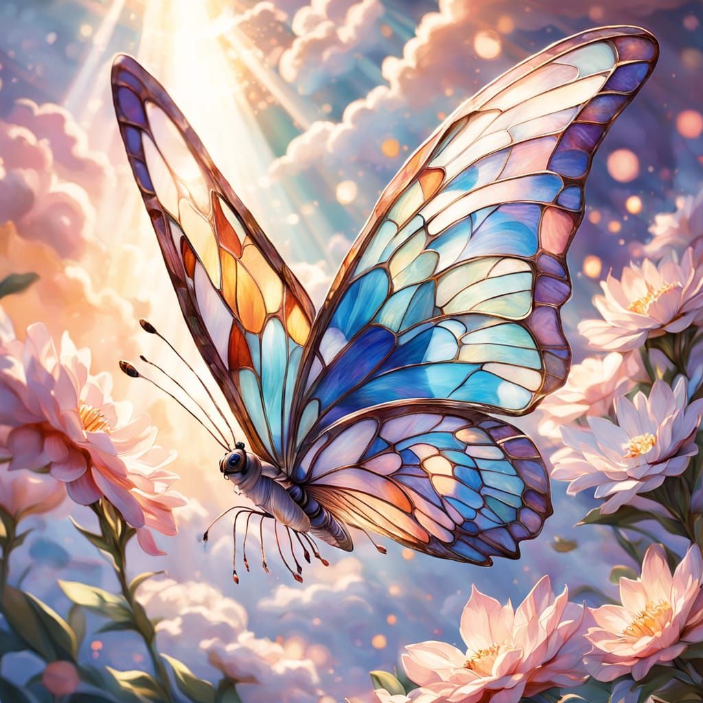 Surreal Stained Glass Butterfly Takes Flight in Heavenly Lig...