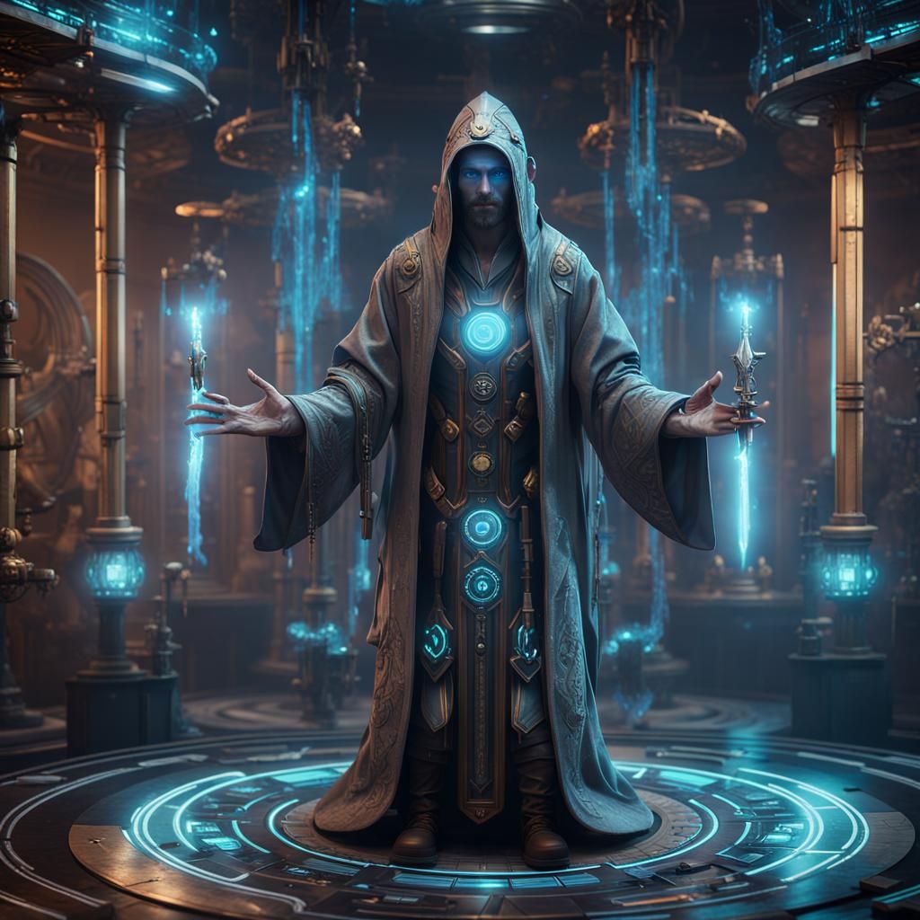 Futuristic Wizard with Cybernetic Enhancements in 3D Renderi...
