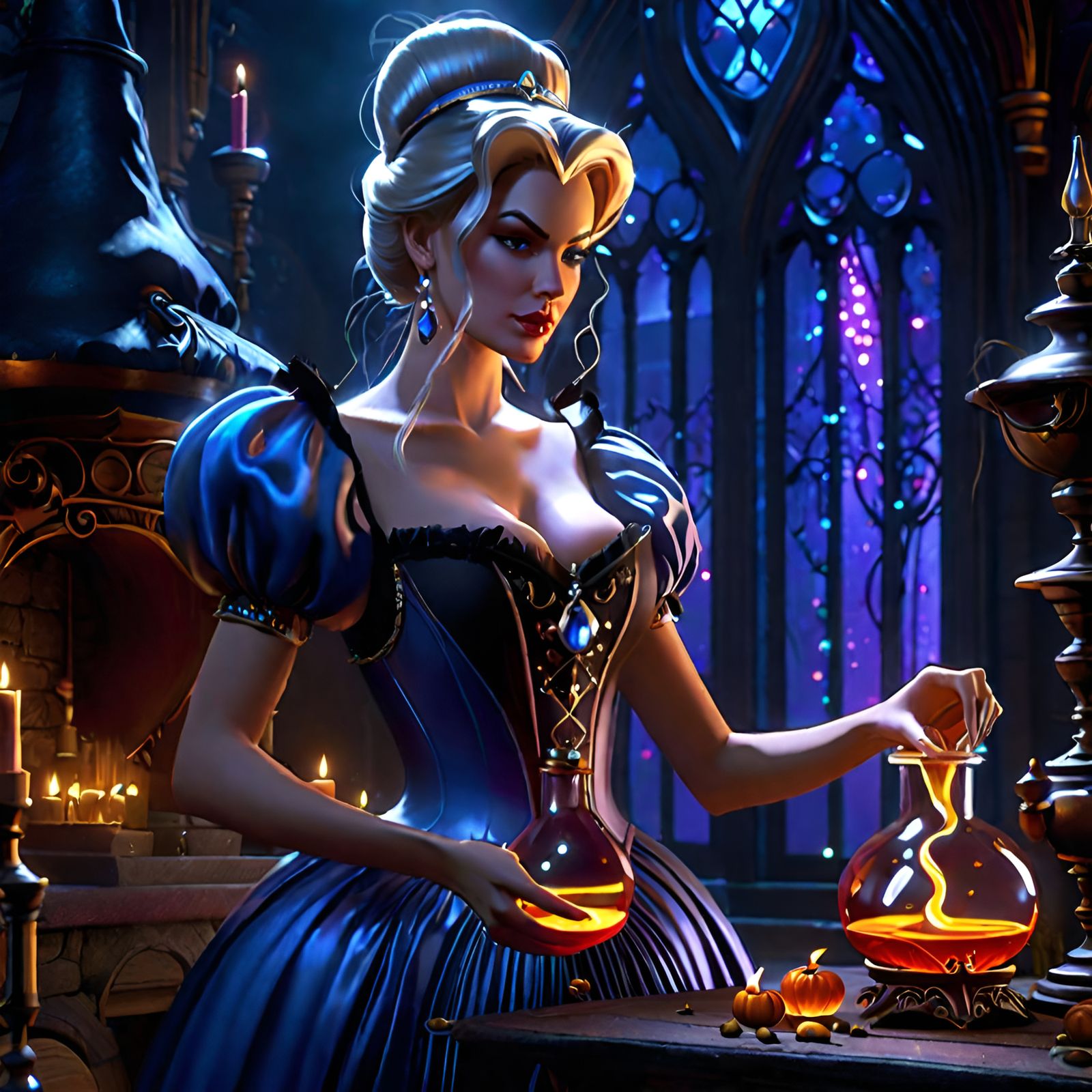 Cinderella-witch preparing love potion for the prince