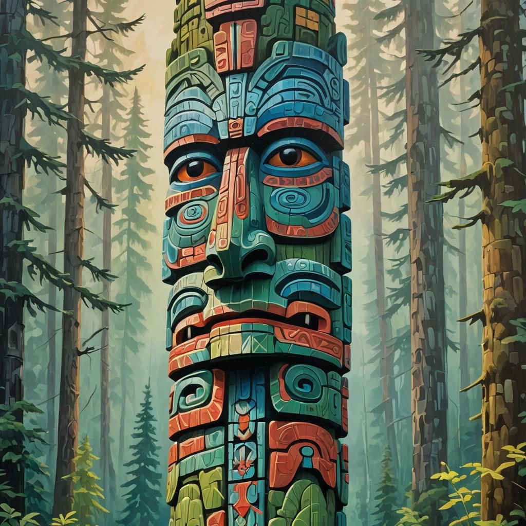 Vibrant Totem Pole in Impressionist Gouache Style