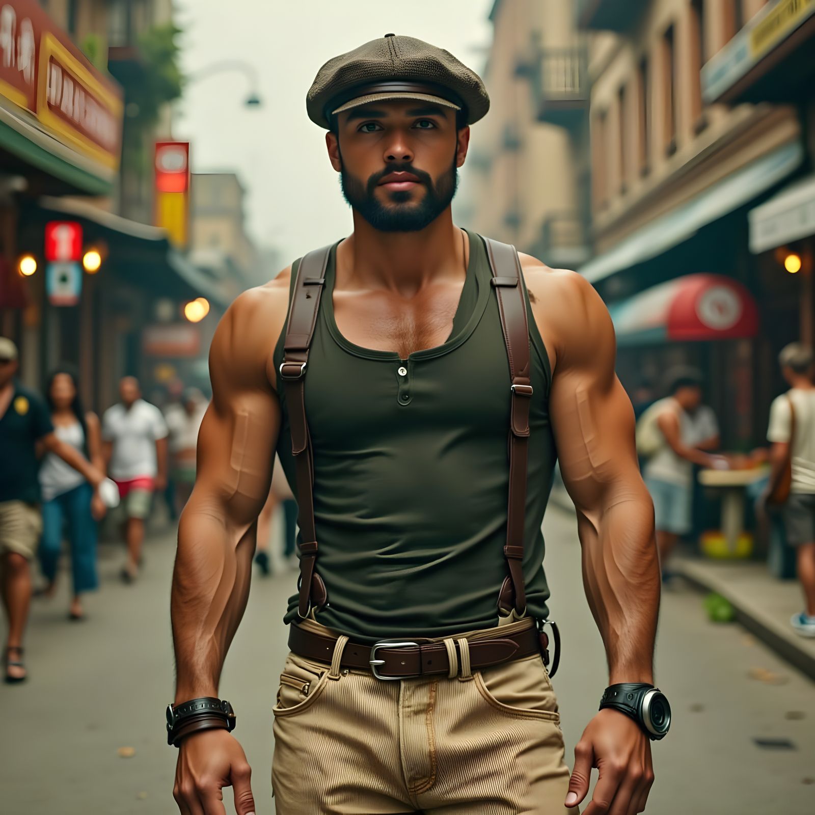 Strikingly Handsome Man with Vintage Camera in Soft Light