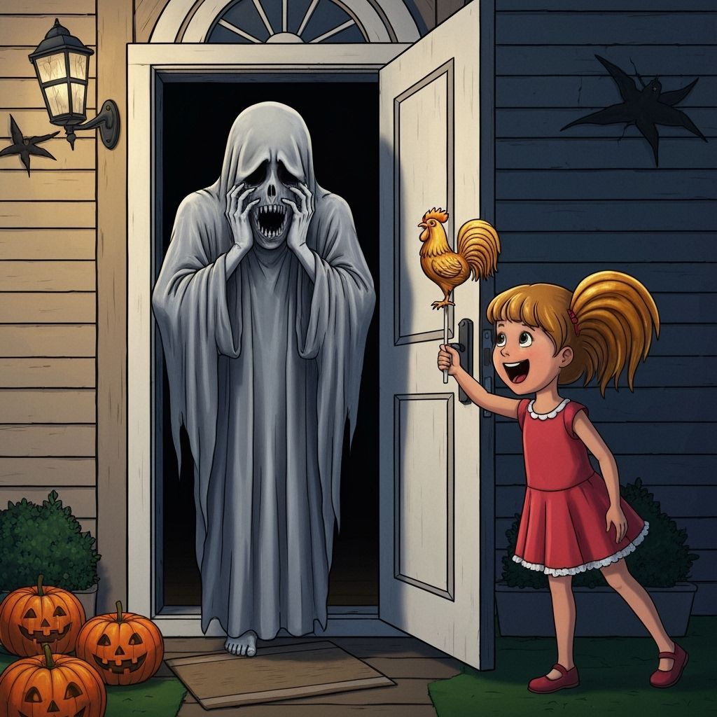 Scared Ghost Receives Giant Rooster Lollipop on Halloween