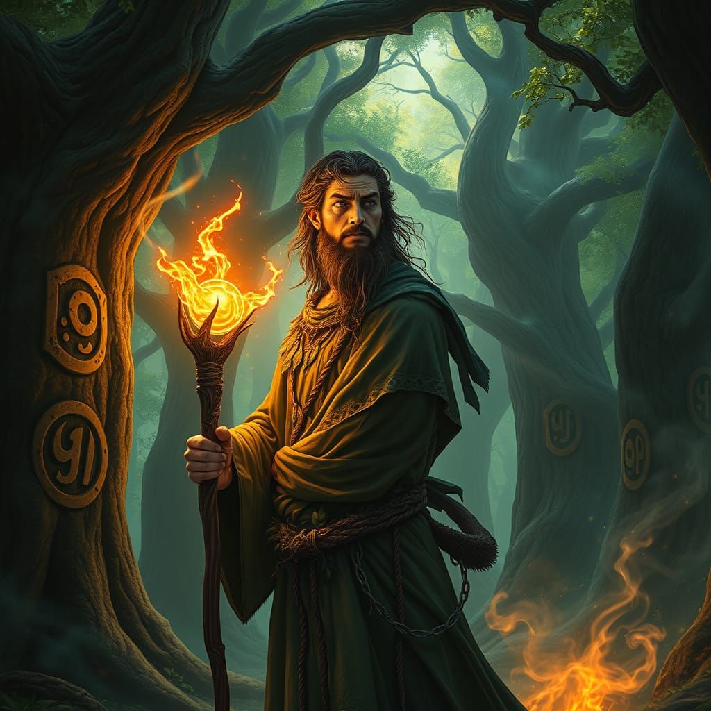 Ethereal Druid in a Vibrant Forest Glade