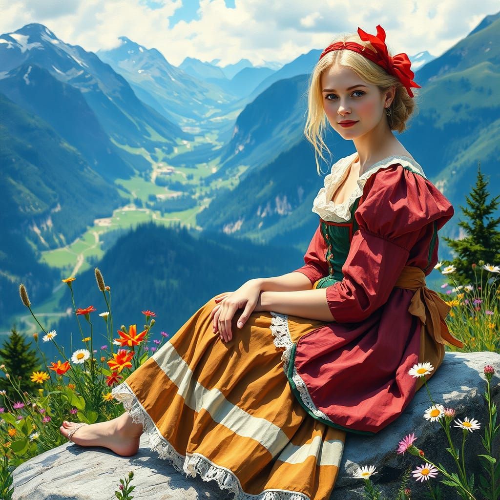 Young Bavarian Woman Surrounded by Spring Blooms in the Alps