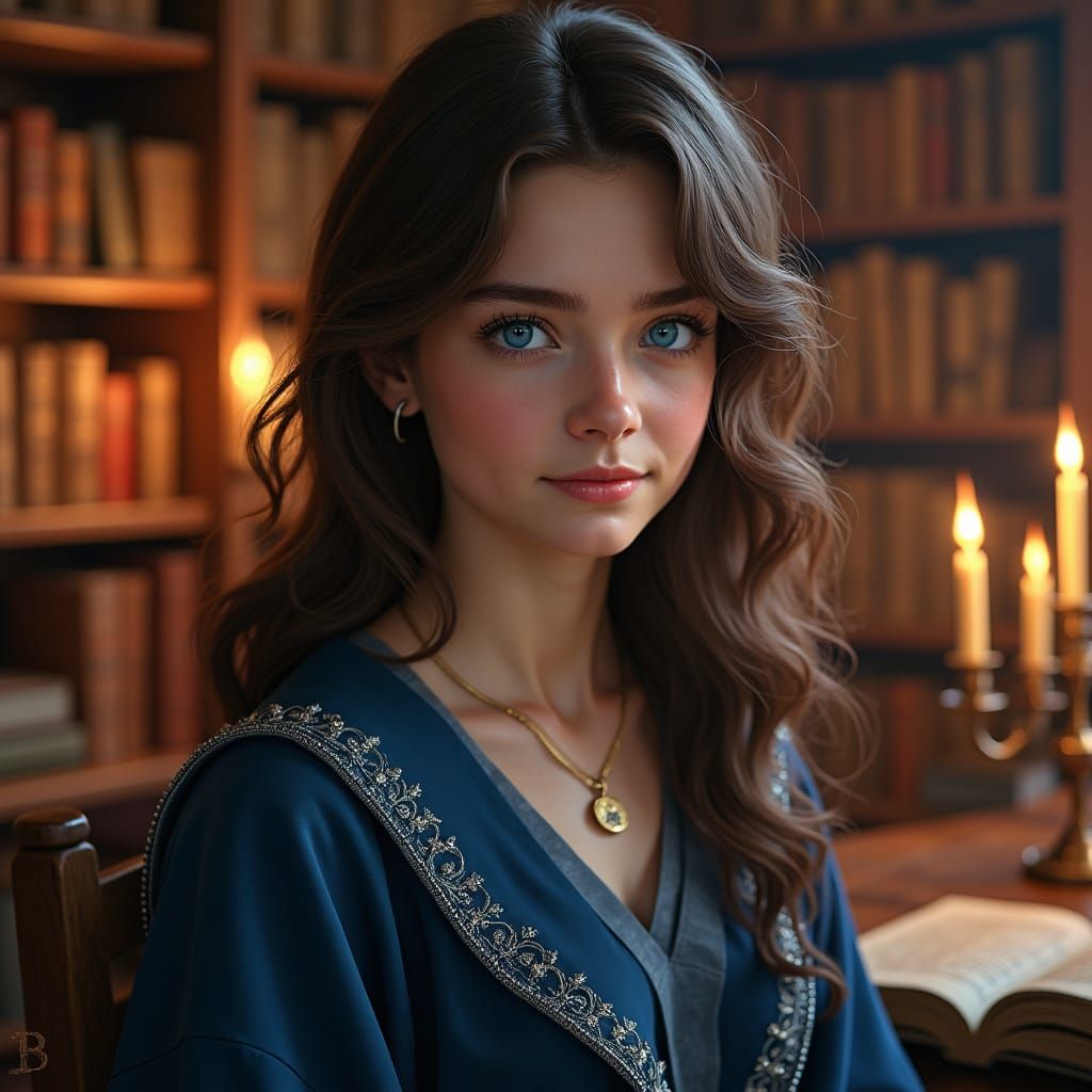 Ravenclaw Student in Hogwarts Library, Digital Art