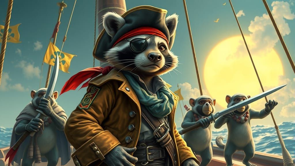 Raccoon Pirate Captain and Crew on Deck