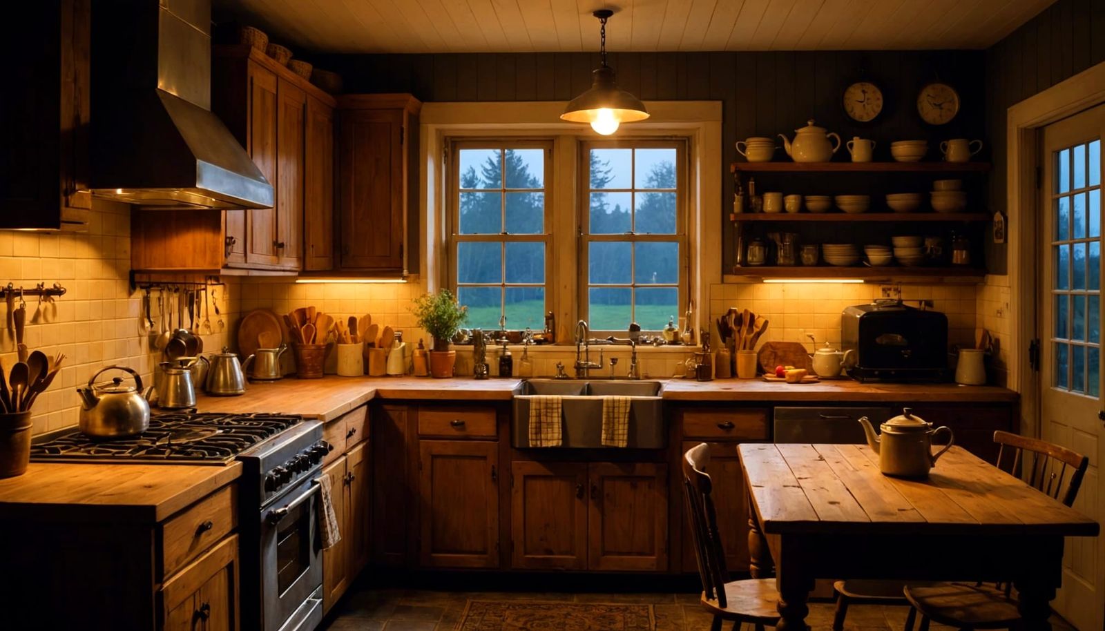 Cozy Rustic Kitchen at Dusk with Warm Lighting