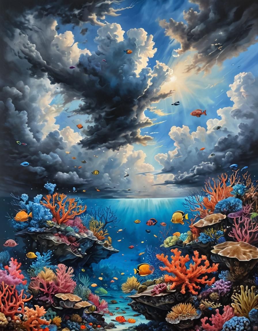 Great Barrier Reef Oil Painting Under Inky Sky