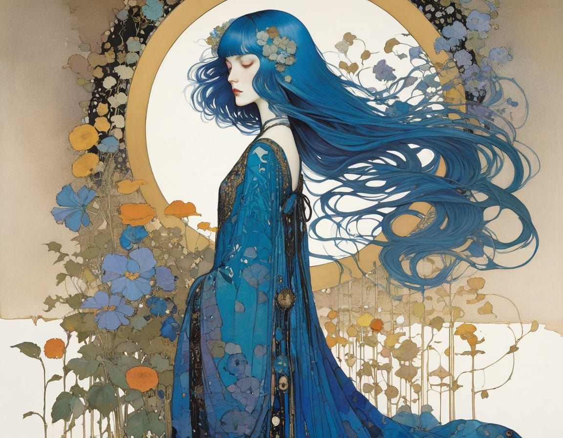 Blue-Haired Woman with Flowers in Art Nouveau Style