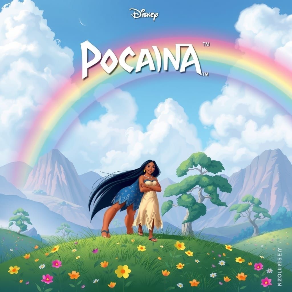 Disney's "Pocahontas" surrounded by a rainbow landscape.