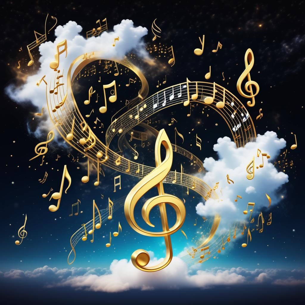 Unicorn Dances in Space with Golden Musical Notes