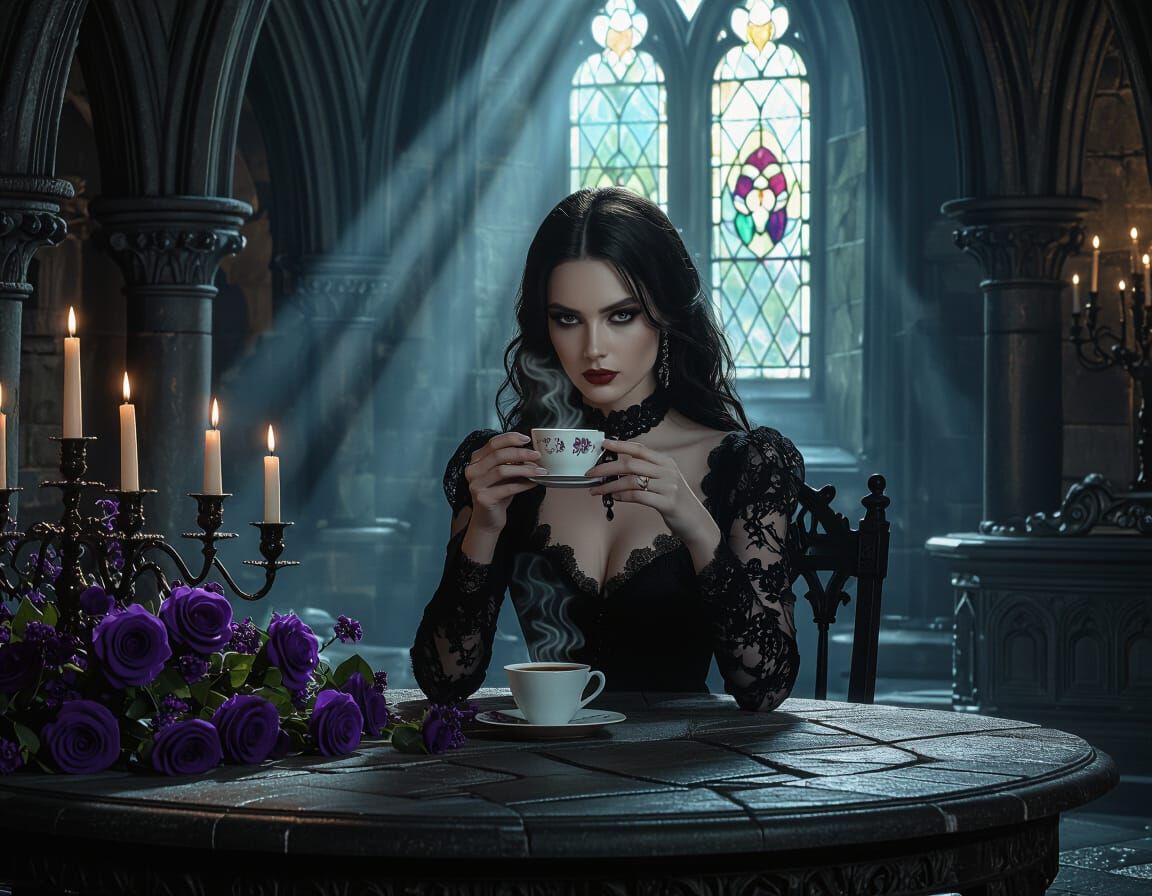 Gothic Woman with Coffee in Moonlit Arches