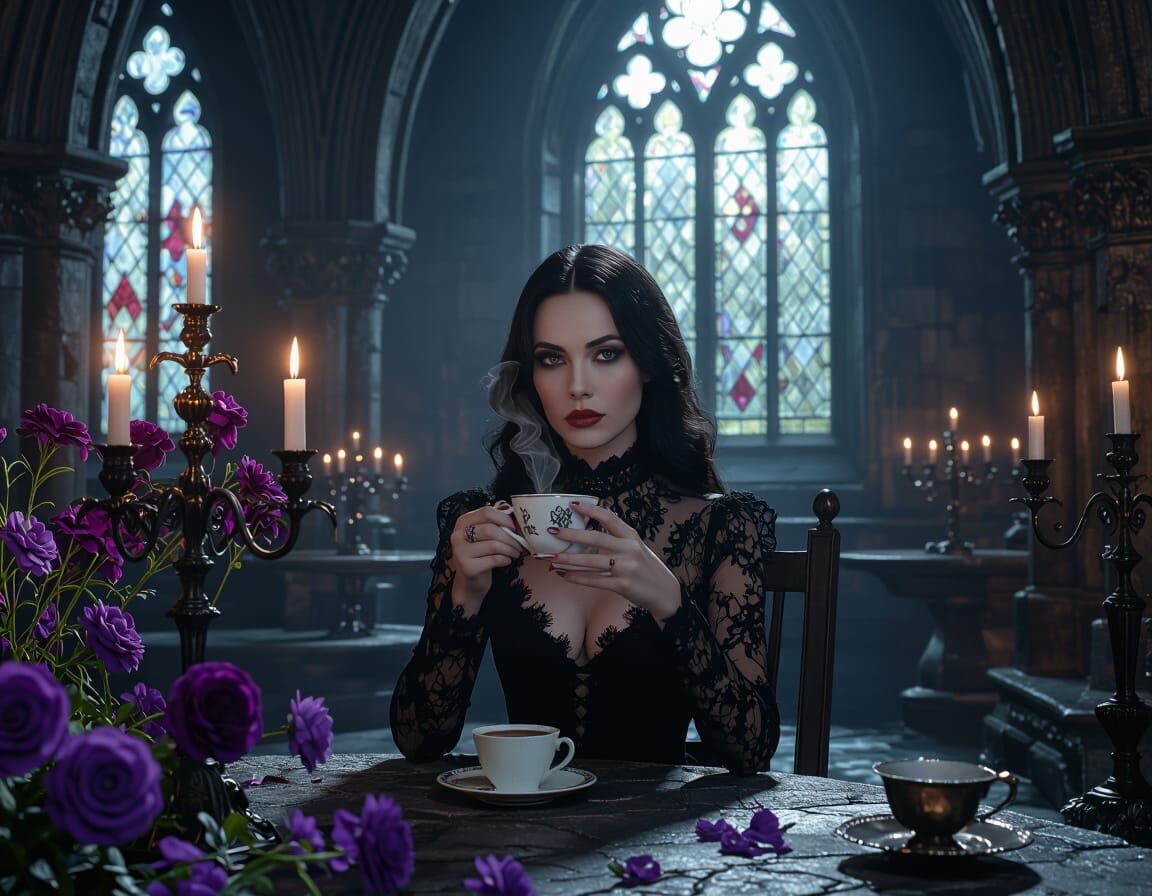 Gothic Woman Enjoys Coffee Amidst Dark Arches