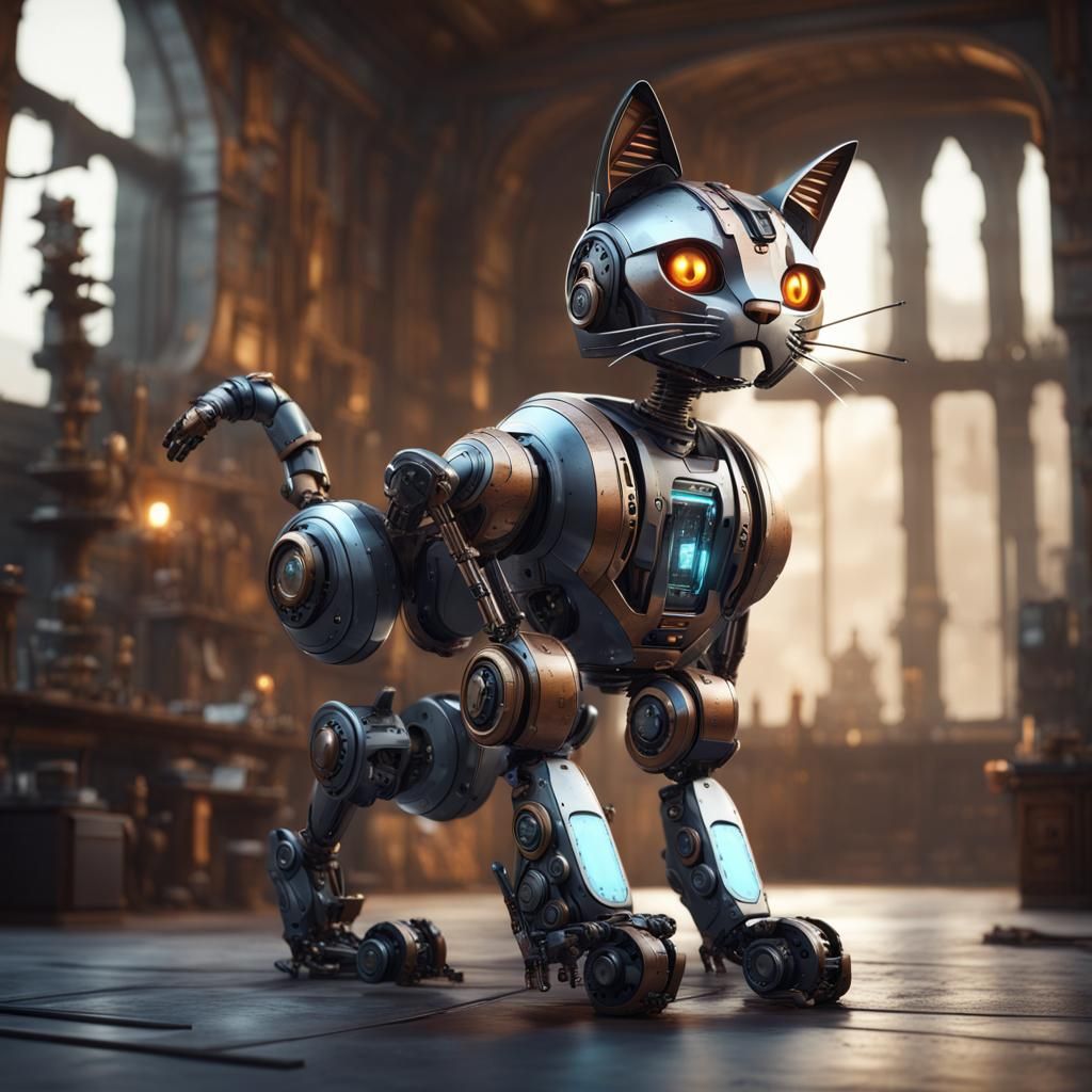 Bipedal Robot Cat in Detailed Matte Painting Style