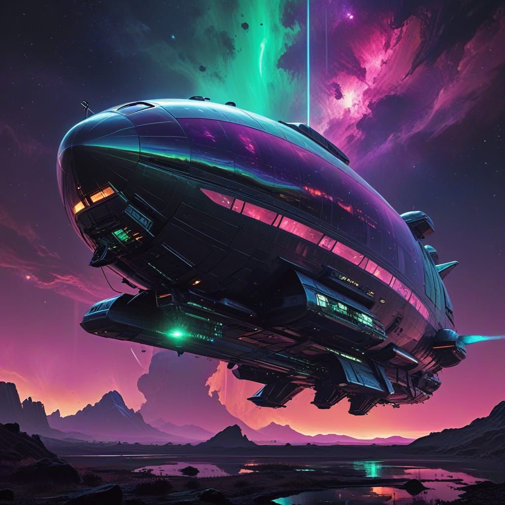 Silver Blimp Spaceship Drifts Through Swirling Nebula