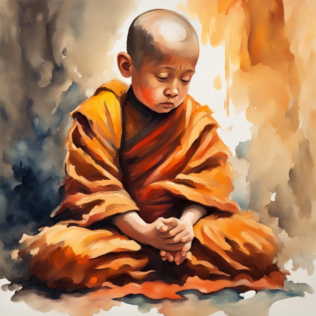 Monk Praying: Gouache Style Impressionist Painting