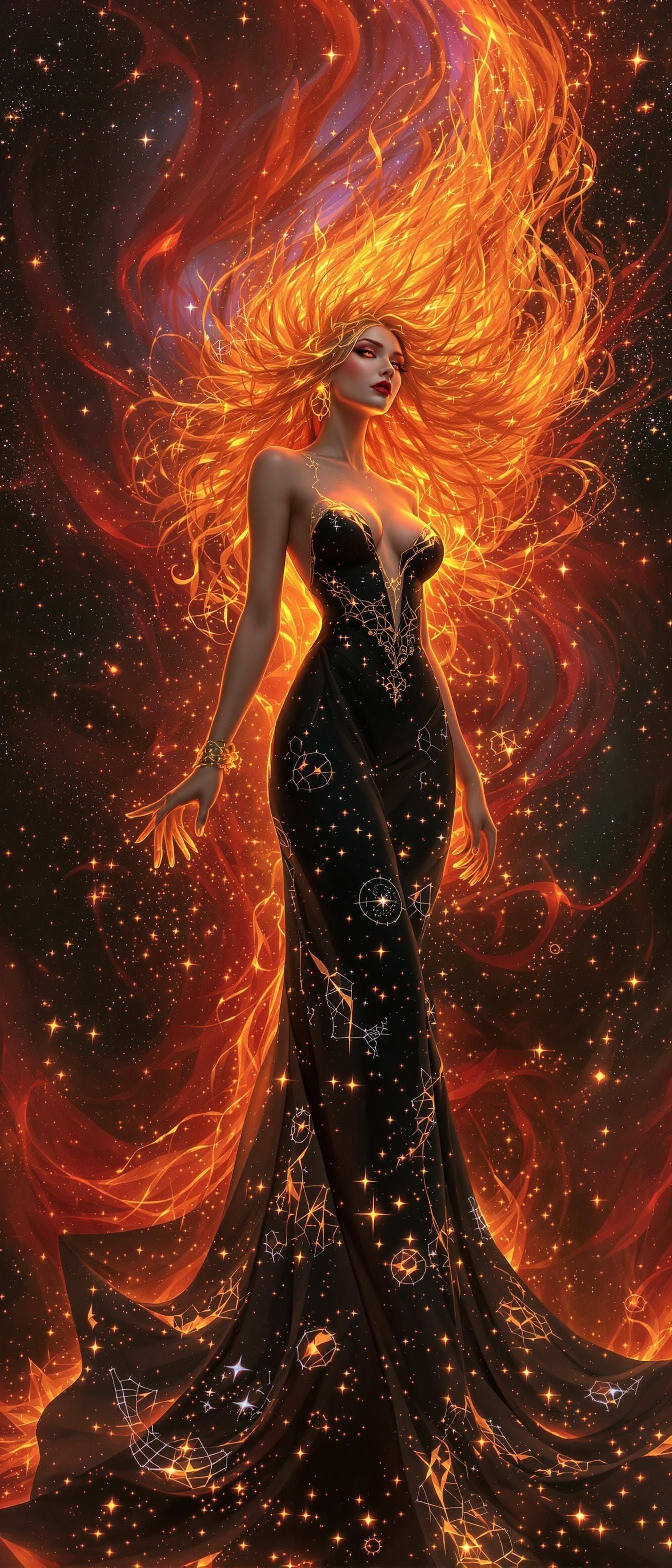 Celestial Flame Goddess in Art Nouveau Style