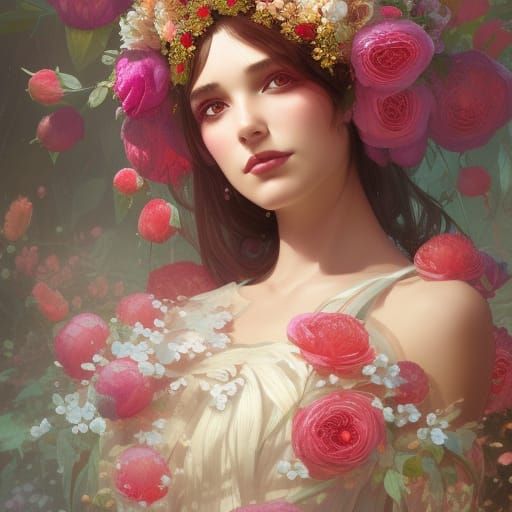 Rose and Peony Headdress Portrait in Art Nouveau Style